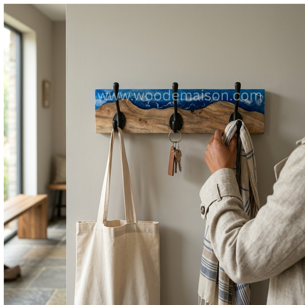 Ocean Wave Resin Wood Wall Coat Rack with Hooks