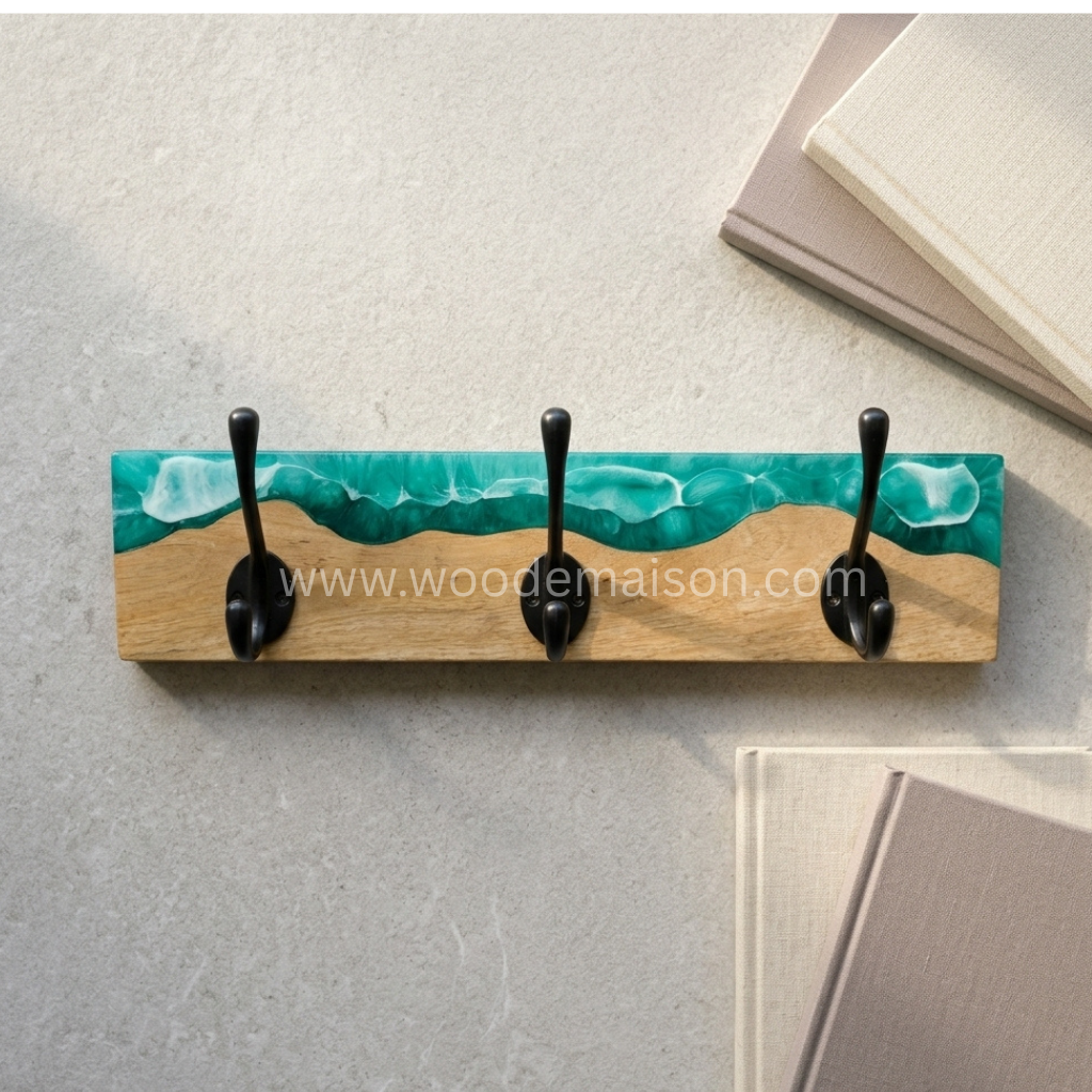 Emerald Wave Resin Wood Wall Coat Rack with Hooks