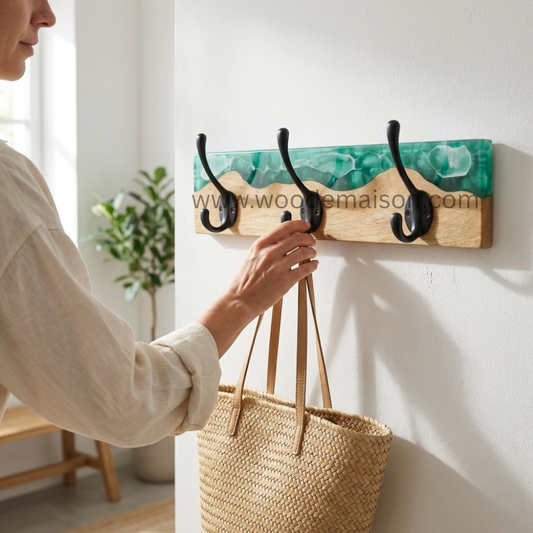 Emerald Wave Resin Wood Wall Coat Rack with Hooks