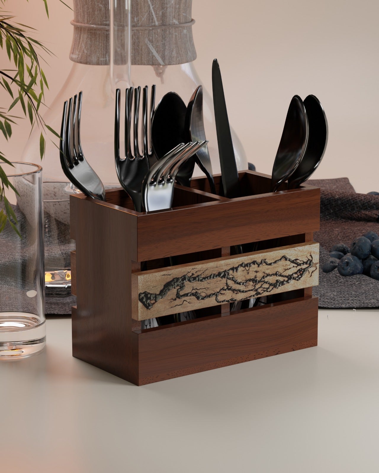 Lichtenberg Burn Mango Wood Cutlery & Kitchen Organiser