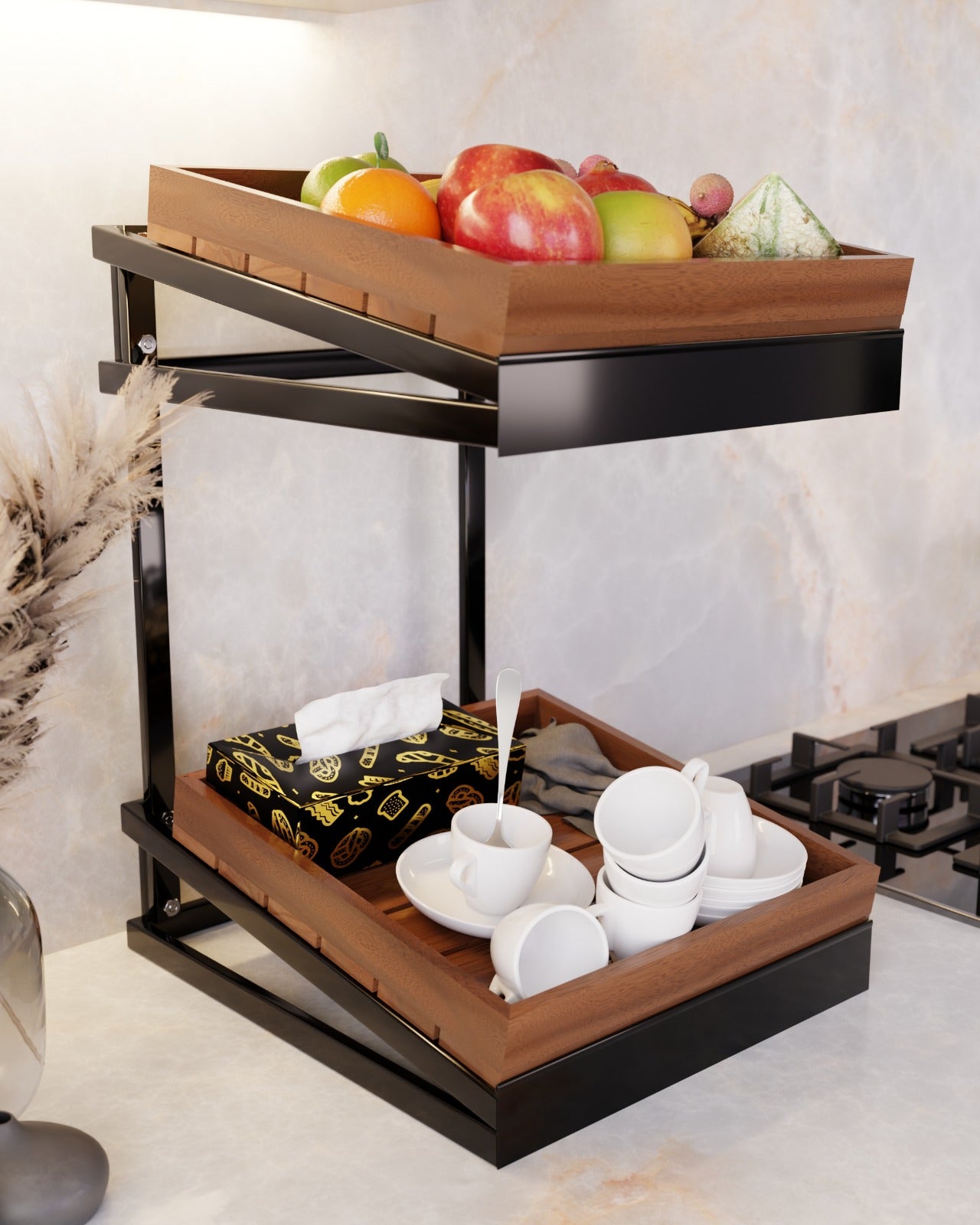 Two Tier Wood & Black Metal Kitchen Counter Organiser Stand