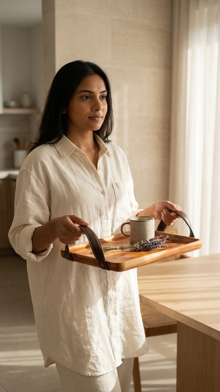 Handcrafted Solid Wood Serving Tray with Leather Handles