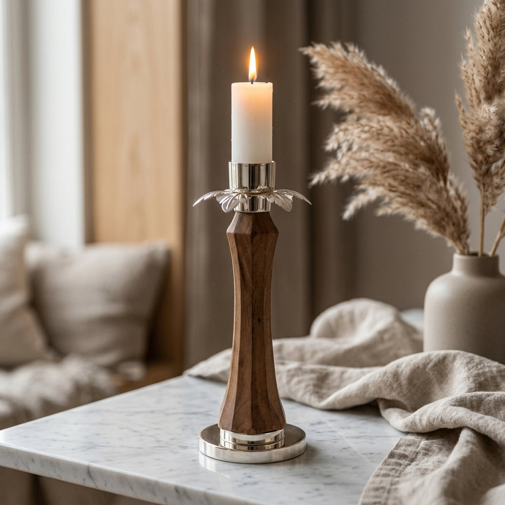 Geometric Faceted Wood & Silver Flower Candle Holder