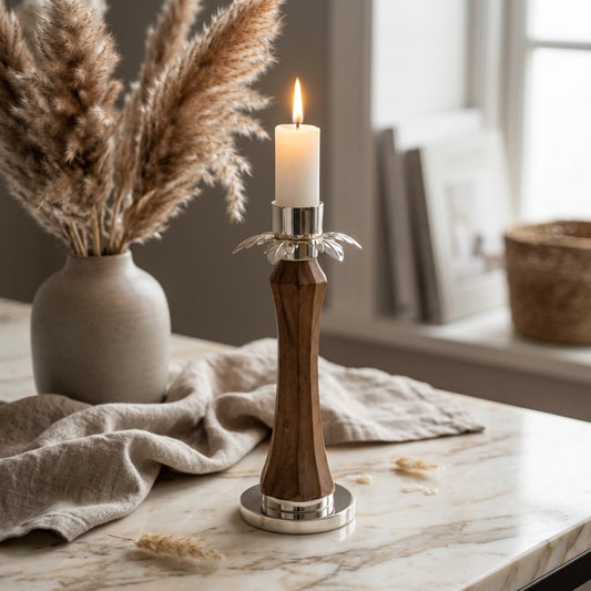 Geometric Faceted Wood & Silver Flower Candle Holder
