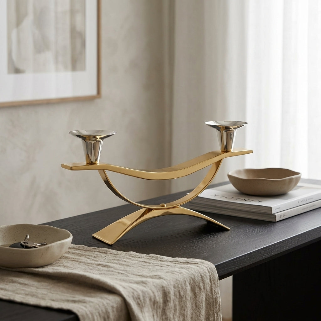 Crescent Arch Dual Taper Candle Holder — Gold & Silver