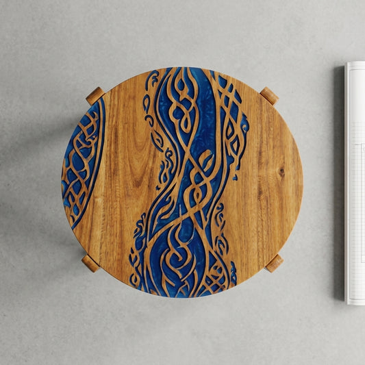 Calligraphy River Resin Inlay Solid Wood Round Side Table