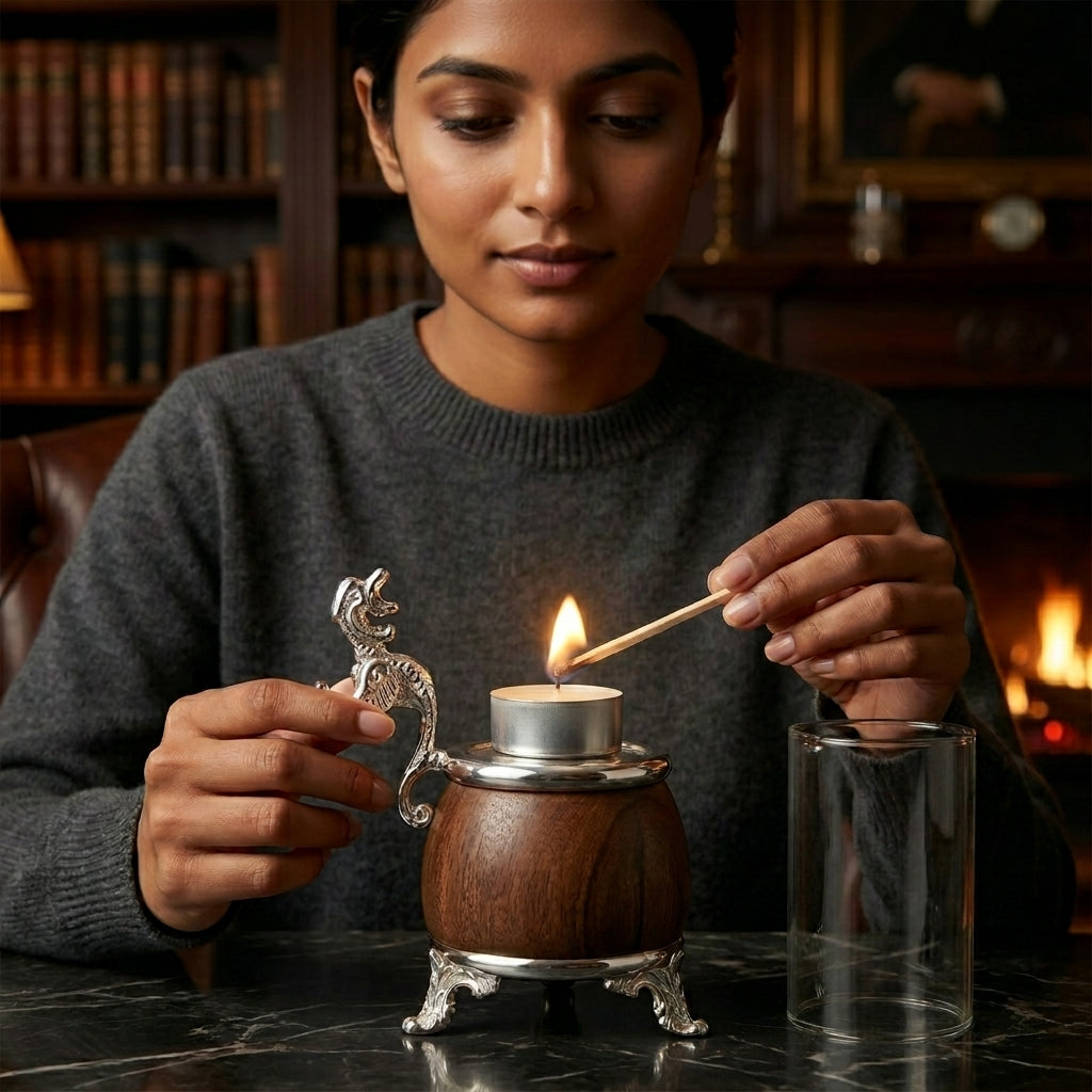 Dragon Hurricane Candle Holder — Mango Wood & Silver