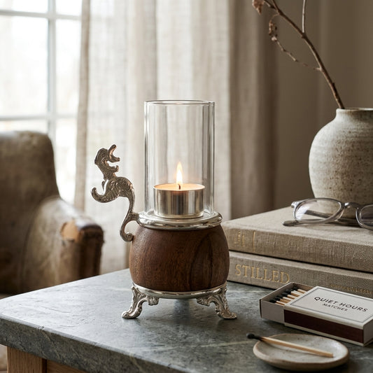 Dragon Hurricane Candle Holder — Mango Wood & Silver