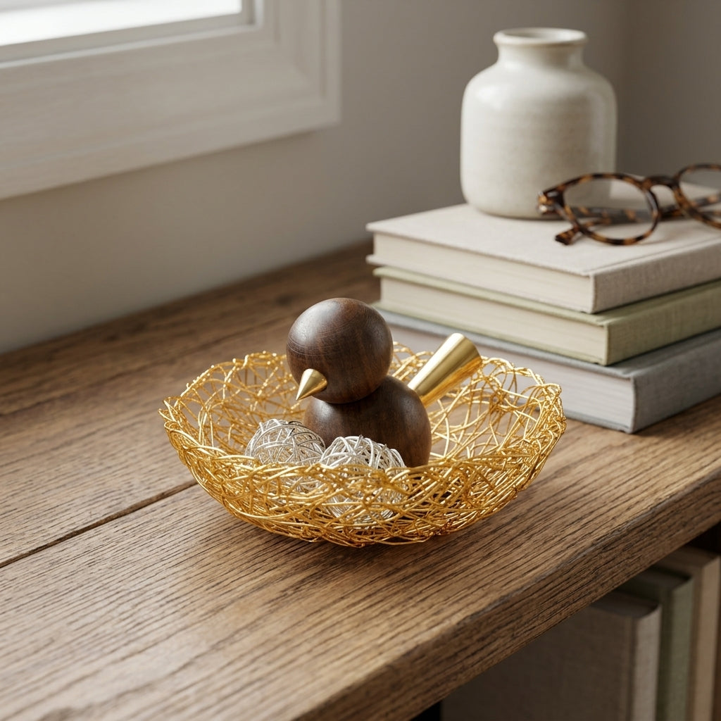 Handcrafted Solid Wood Bird in Golden Wire Nest Sculpture