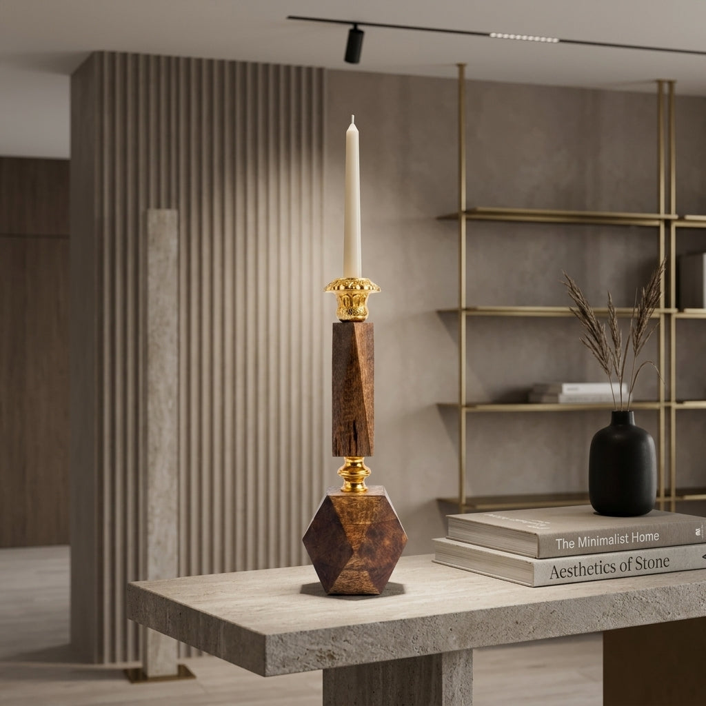 Hexagonal Mango Wood & Brass Pillar Candleholder