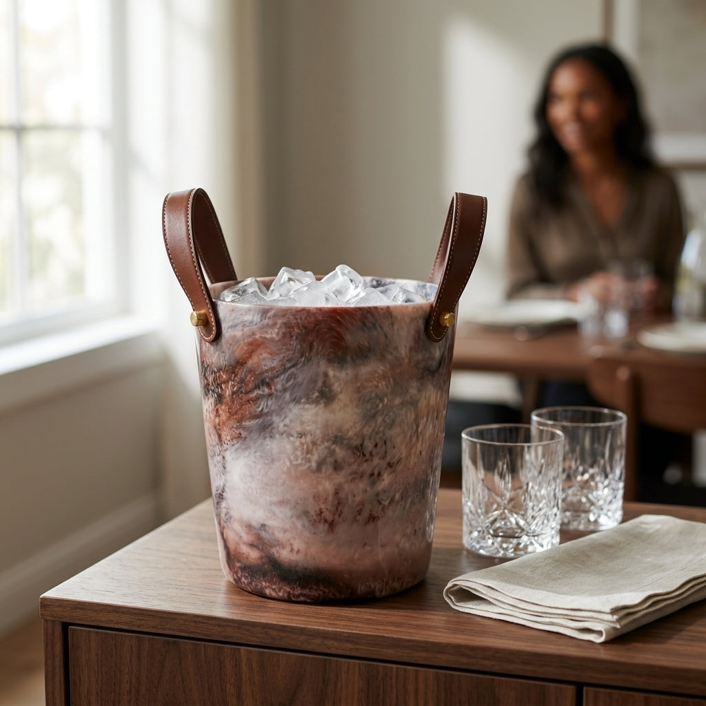 Marbled Resin Ice Bucket with Leather Handles & Brass Rivets