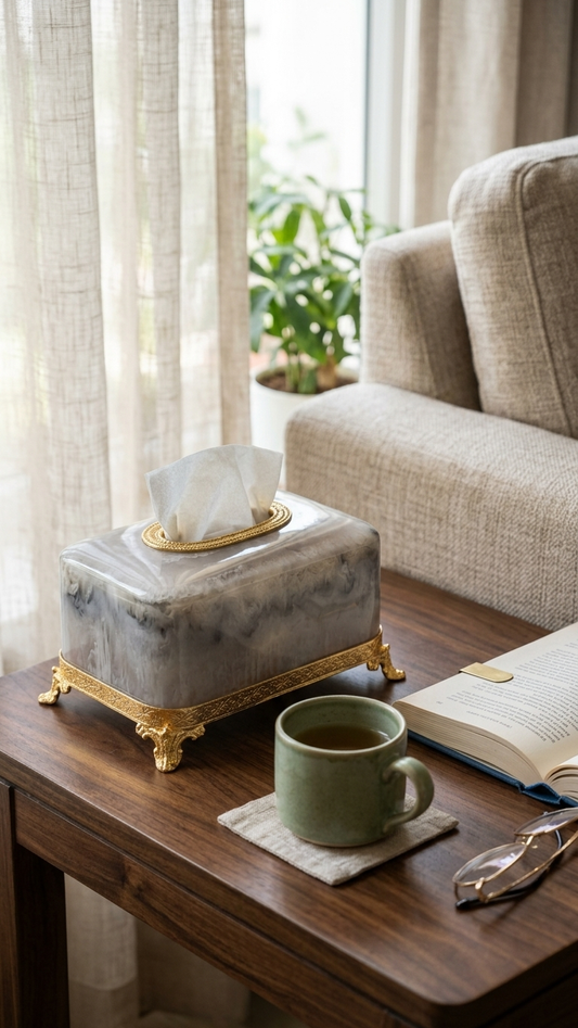Marble Effect Resin Napkin Holder- Ornate Brass Claw Base