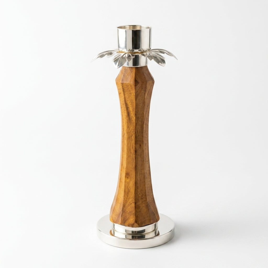 Geometric Faceted Wood & Silver Flower Candle Holder