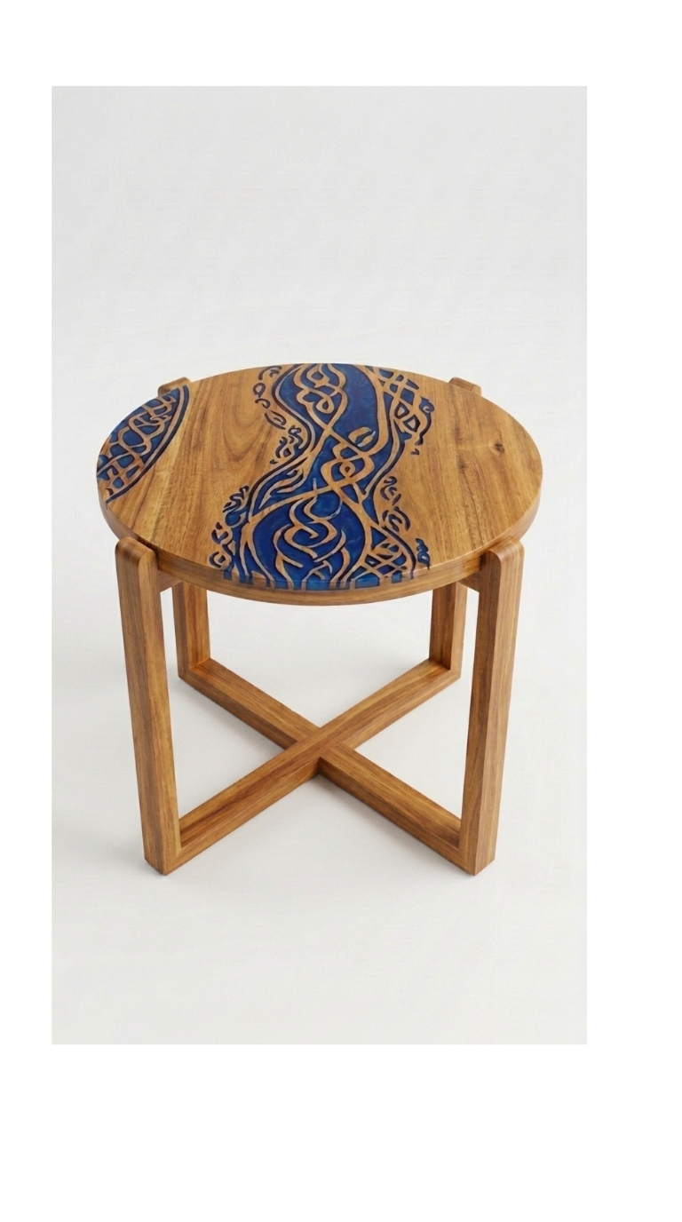 Calligraphy River Resin Inlay Solid Wood Round Side Table