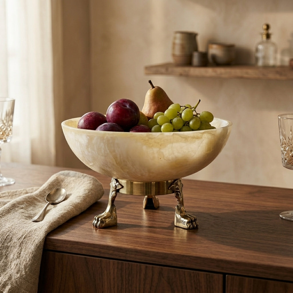 Decorative Marble Effect Bowl with Antique Brass Base
