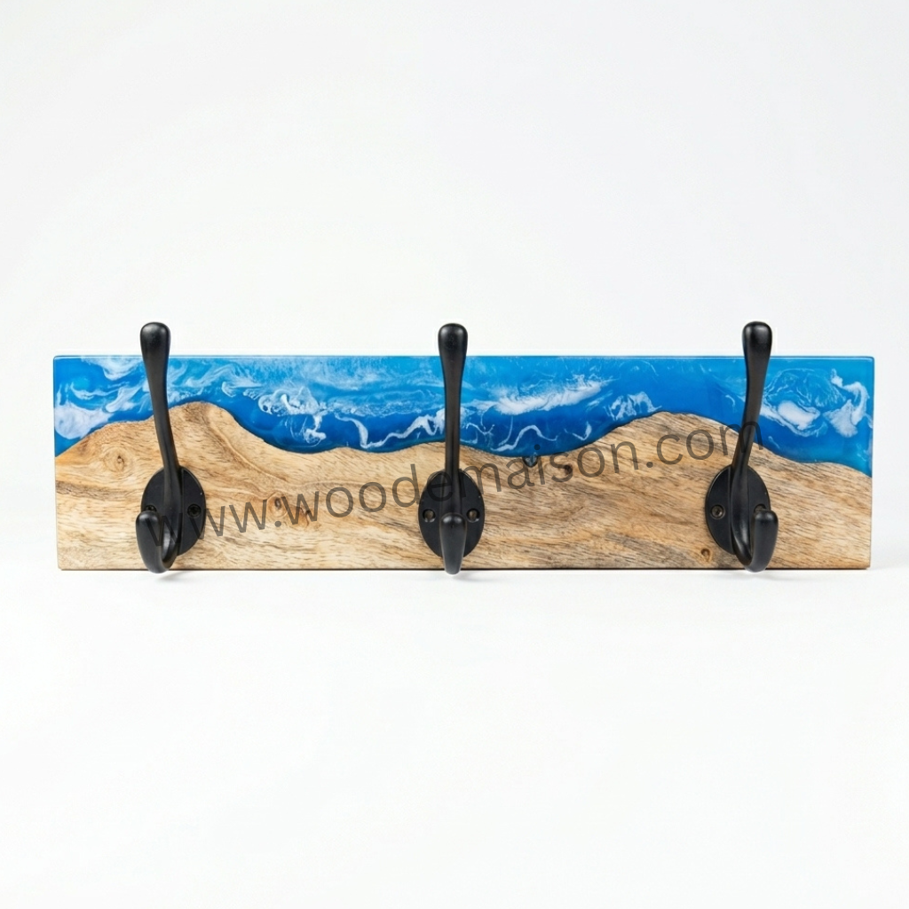 Ocean Wave Resin Wood Wall Coat Rack with Hooks