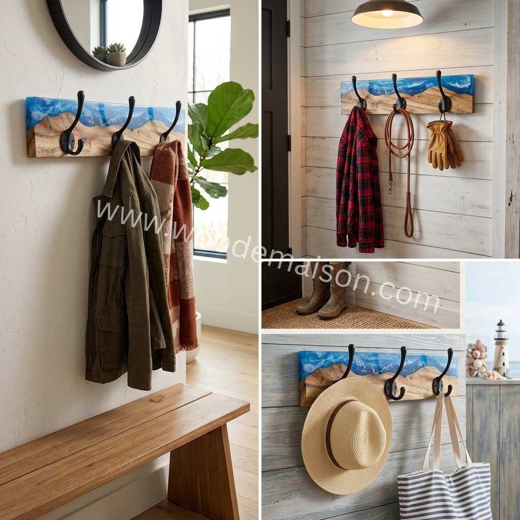 Ocean Wave Resin Wood Wall Coat Rack with Hooks