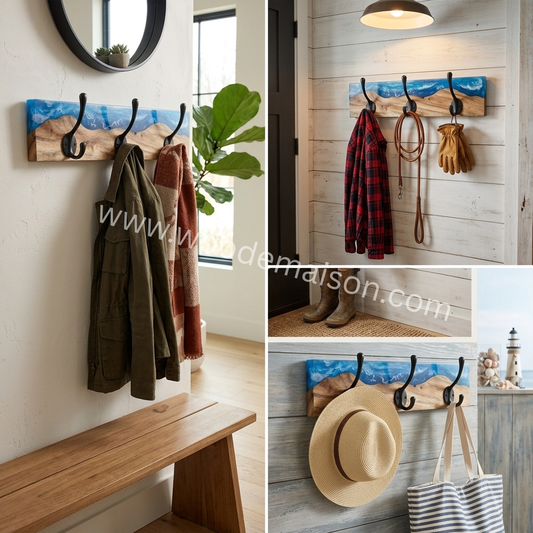 Ocean Wave Resin Wood Wall Coat Rack with Hooks