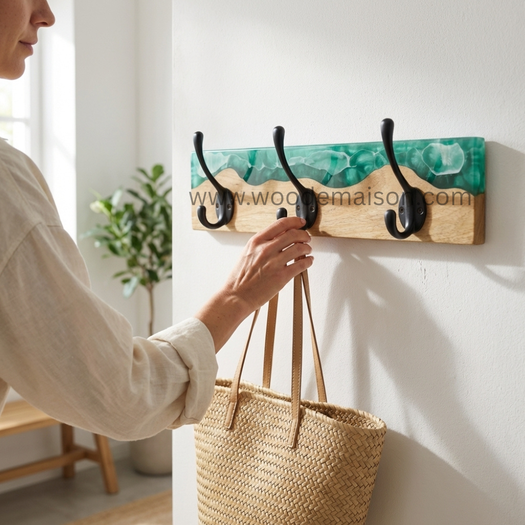Emerald Wave Resin Wood Wall Coat Rack with Hooks