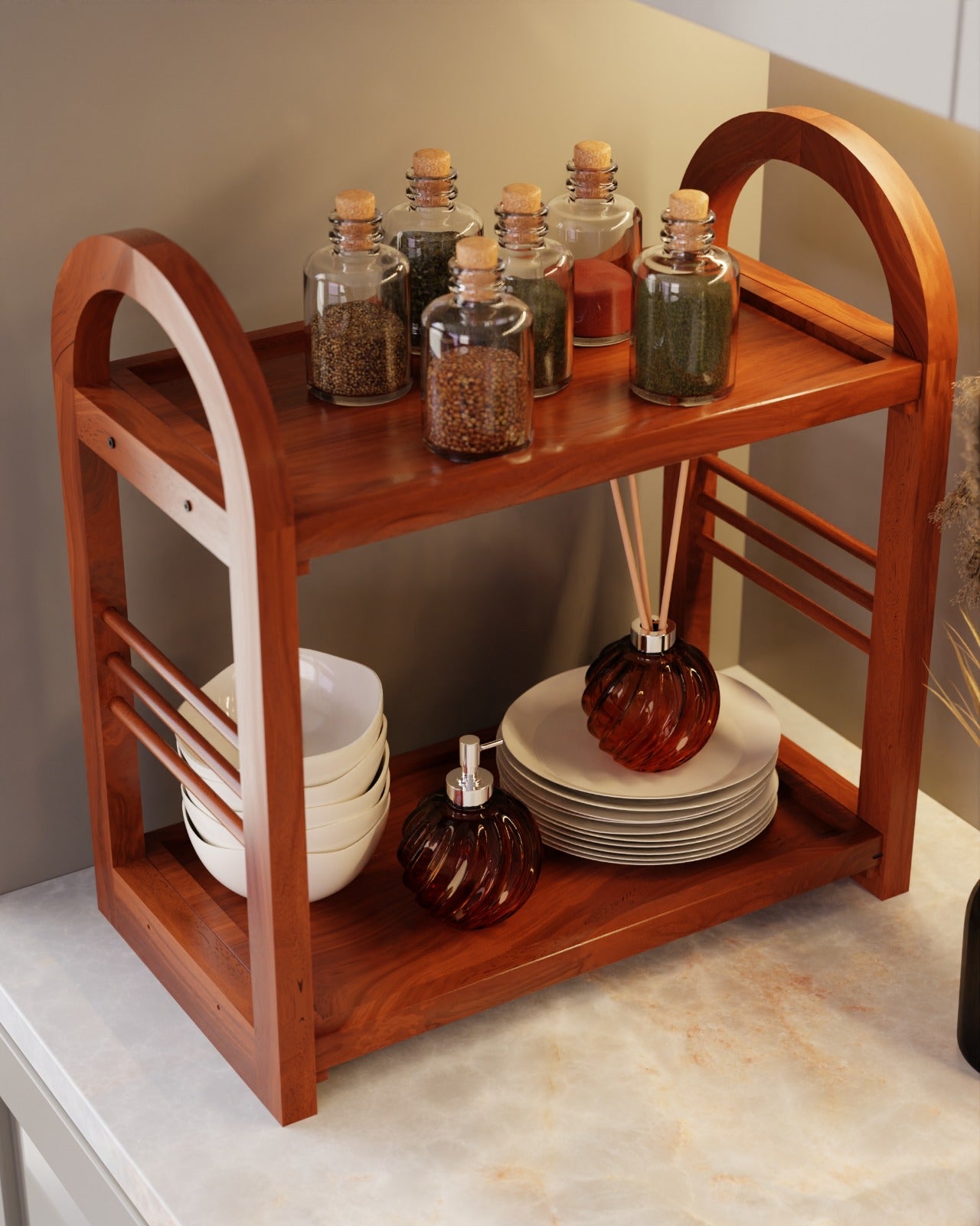 Arch Frame Two Tier Solid Wood Kitchen & Bathroom Organiser