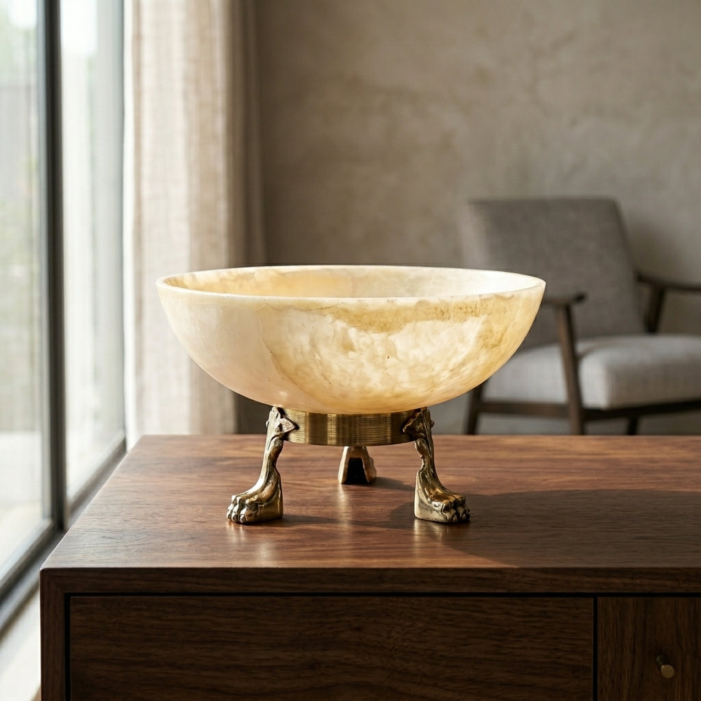 Decorative Marble Effect Bowl with Antique Brass Base