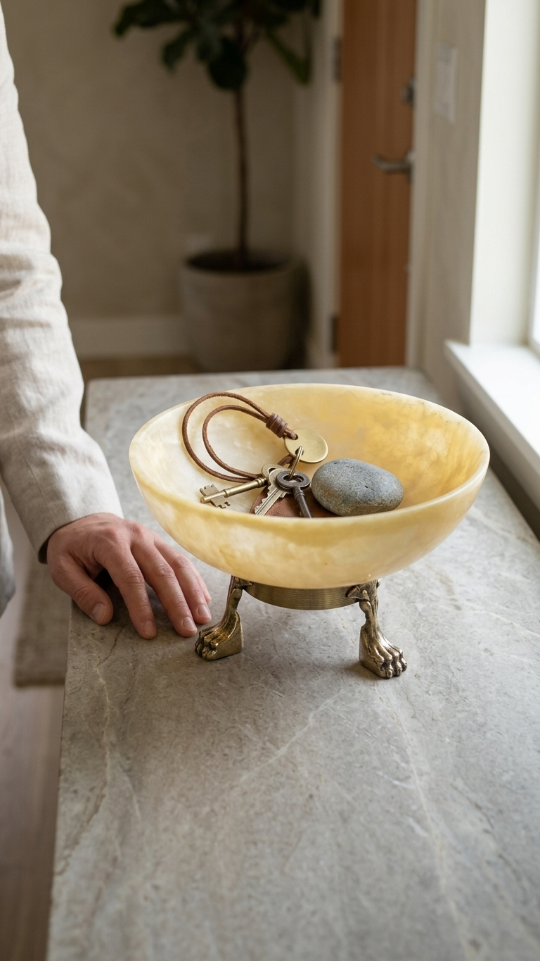 Decorative Marble Effect Bowl with Antique Brass Base