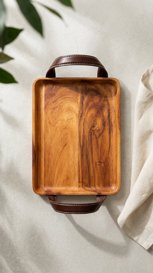 Handcrafted Solid Wood Serving Tray with Leather Handles