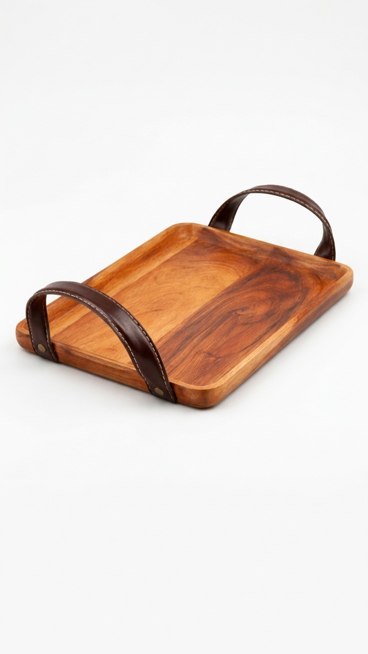 Handcrafted Solid Wood Serving Tray with Leather Handles