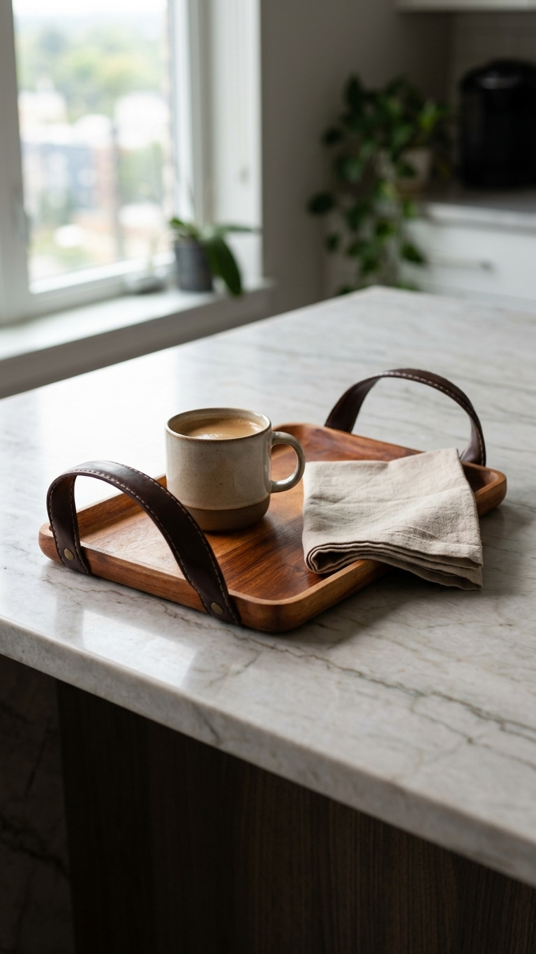 Handcrafted Solid Wood Serving Tray with Leather Handles