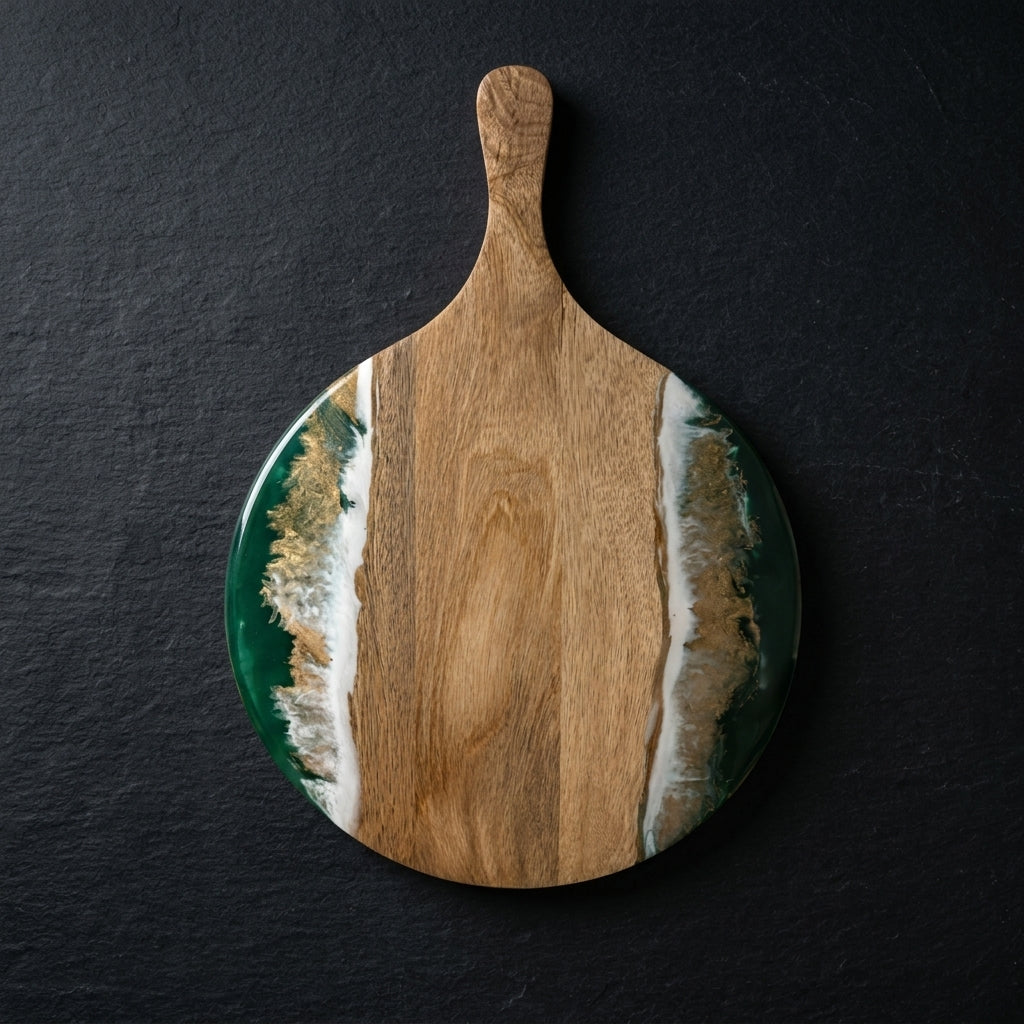 Handcrafted Round Emerald Green Wave Resin Serving Board