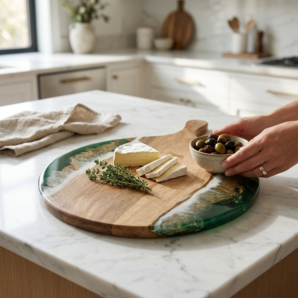 Handcrafted Round Emerald Green Wave Resin Serving Board