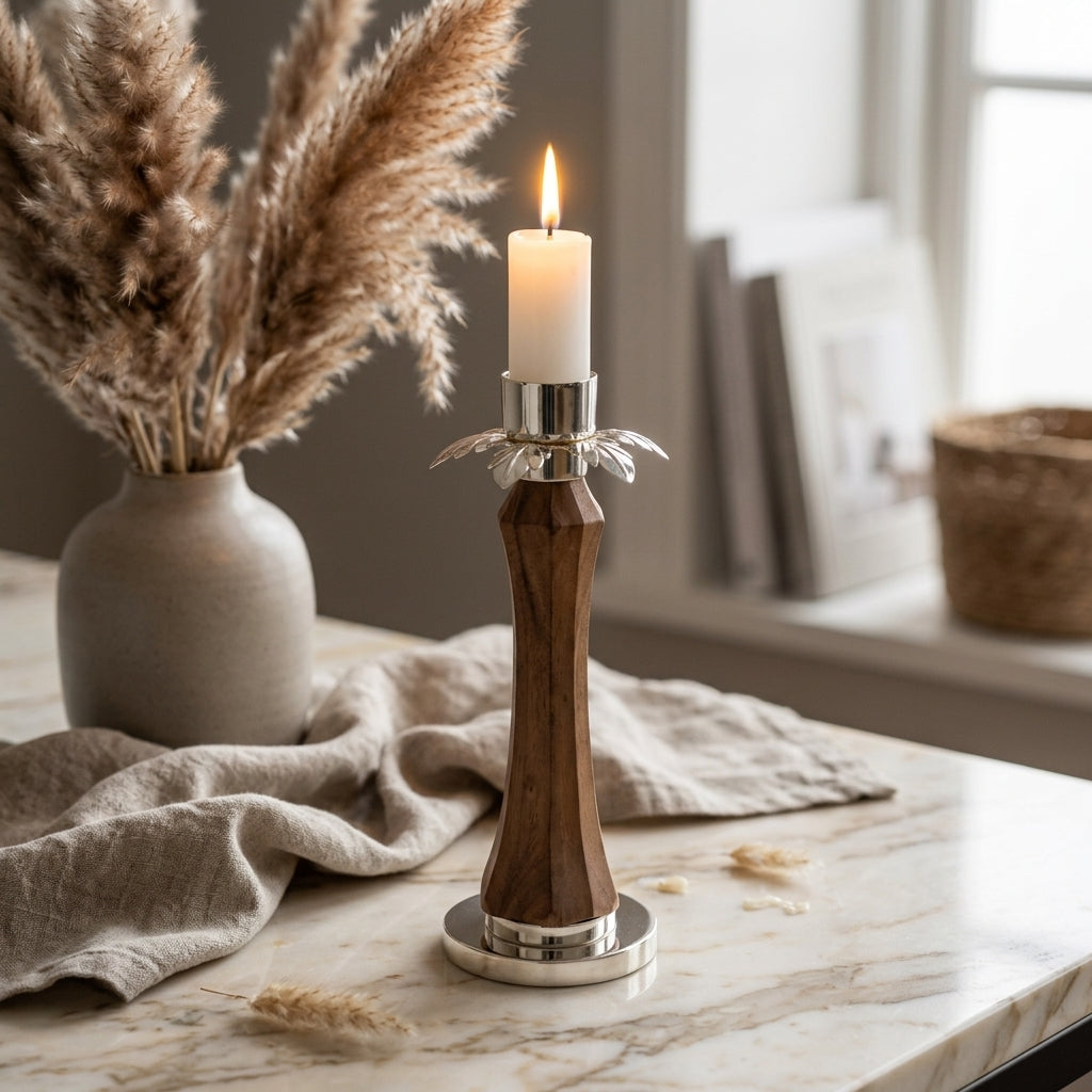Geometric Faceted Wood & Silver Flower Candle Holder