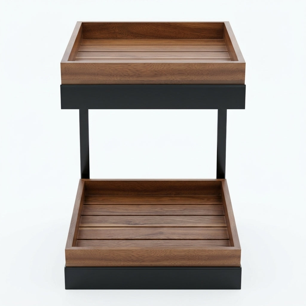 Two Tier Wood & Black Metal Kitchen Counter Organiser Stand