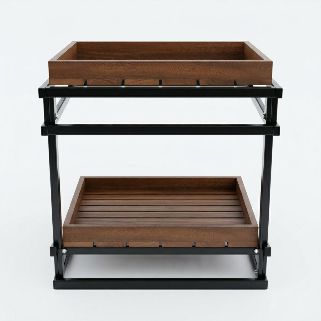 Two Tier Wood & Black Metal Kitchen Counter Organiser Stand