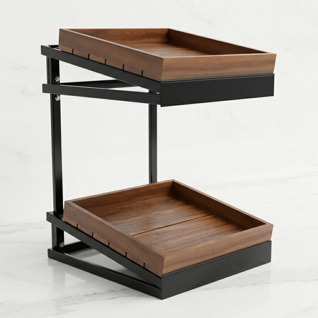 Two Tier Wood & Black Metal Kitchen Counter Organiser Stand