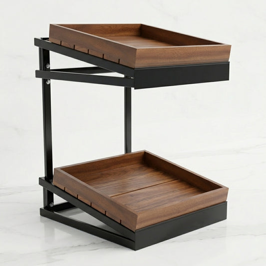 Two Tier Wood & Black Metal Kitchen Counter Organiser Stand