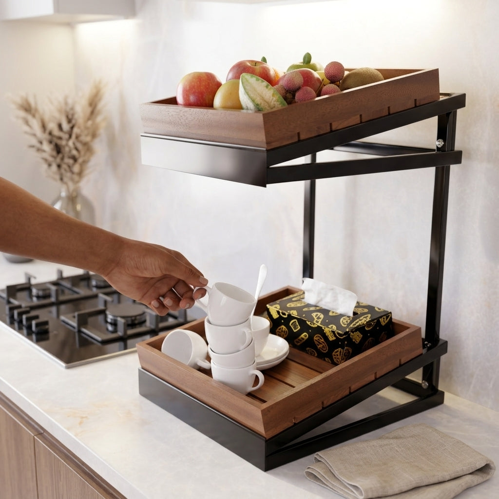Two Tier Wood & Black Metal Kitchen Counter Organiser Stand