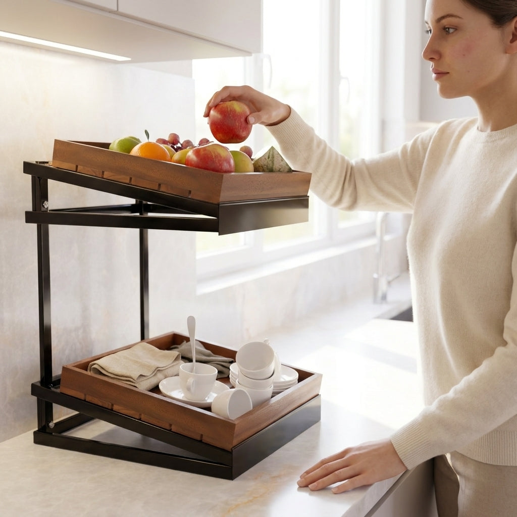 Two Tier Wood & Black Metal Kitchen Counter Organiser Stand