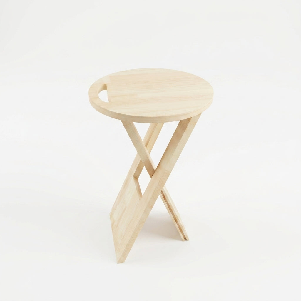 Round Folding Solid Wood Side Table with Handle
