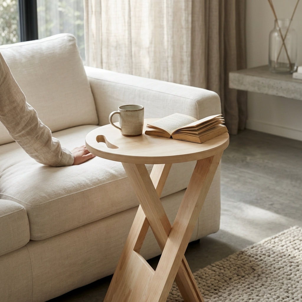 Round Folding Solid Wood Side Table with Handle