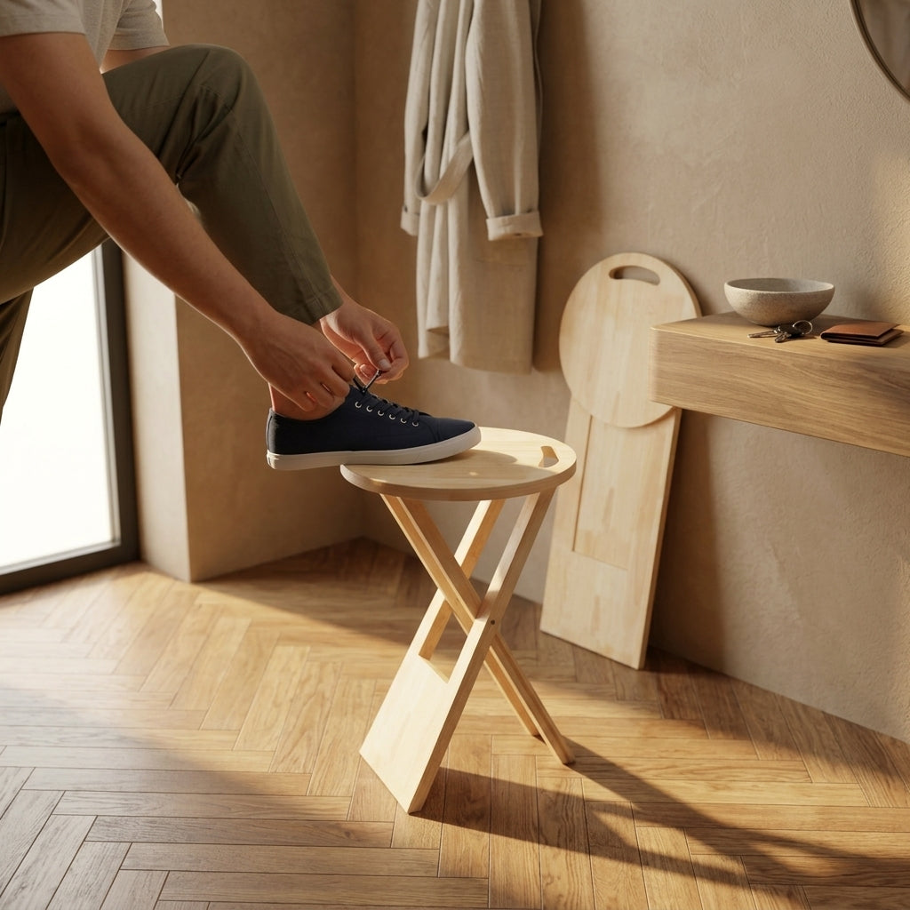 Round Folding Solid Wood Side Table with Handle