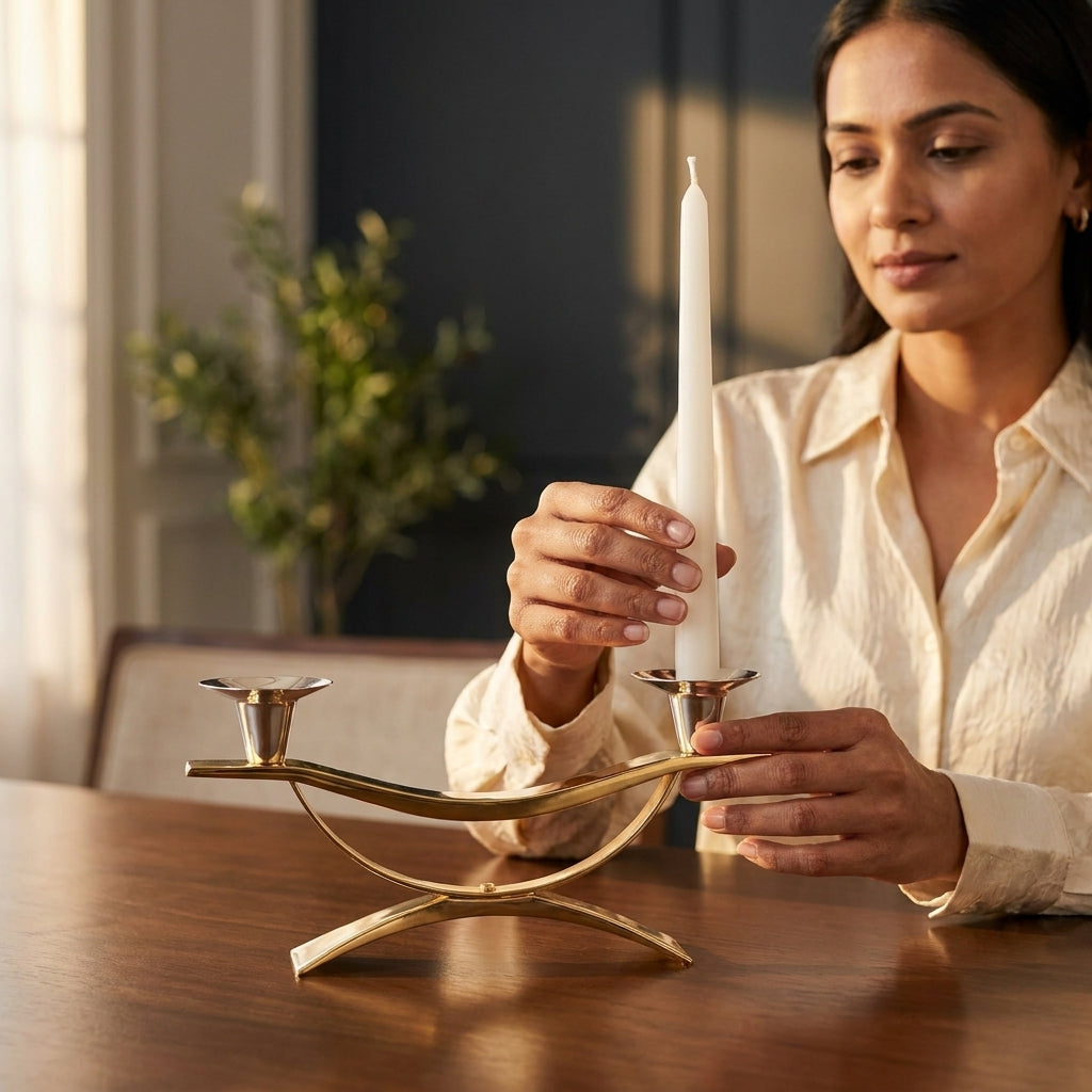 Crescent Arch Dual Taper Candle Holder — Gold & Silver