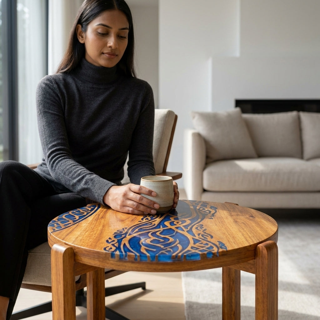 Calligraphy River Resin Inlay Solid Wood Round Side Table