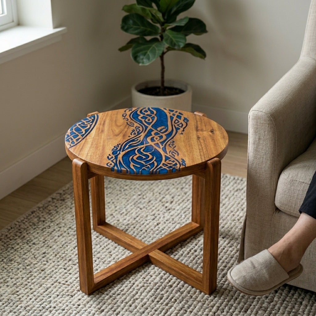 Calligraphy River Resin Inlay Solid Wood Round Side Table