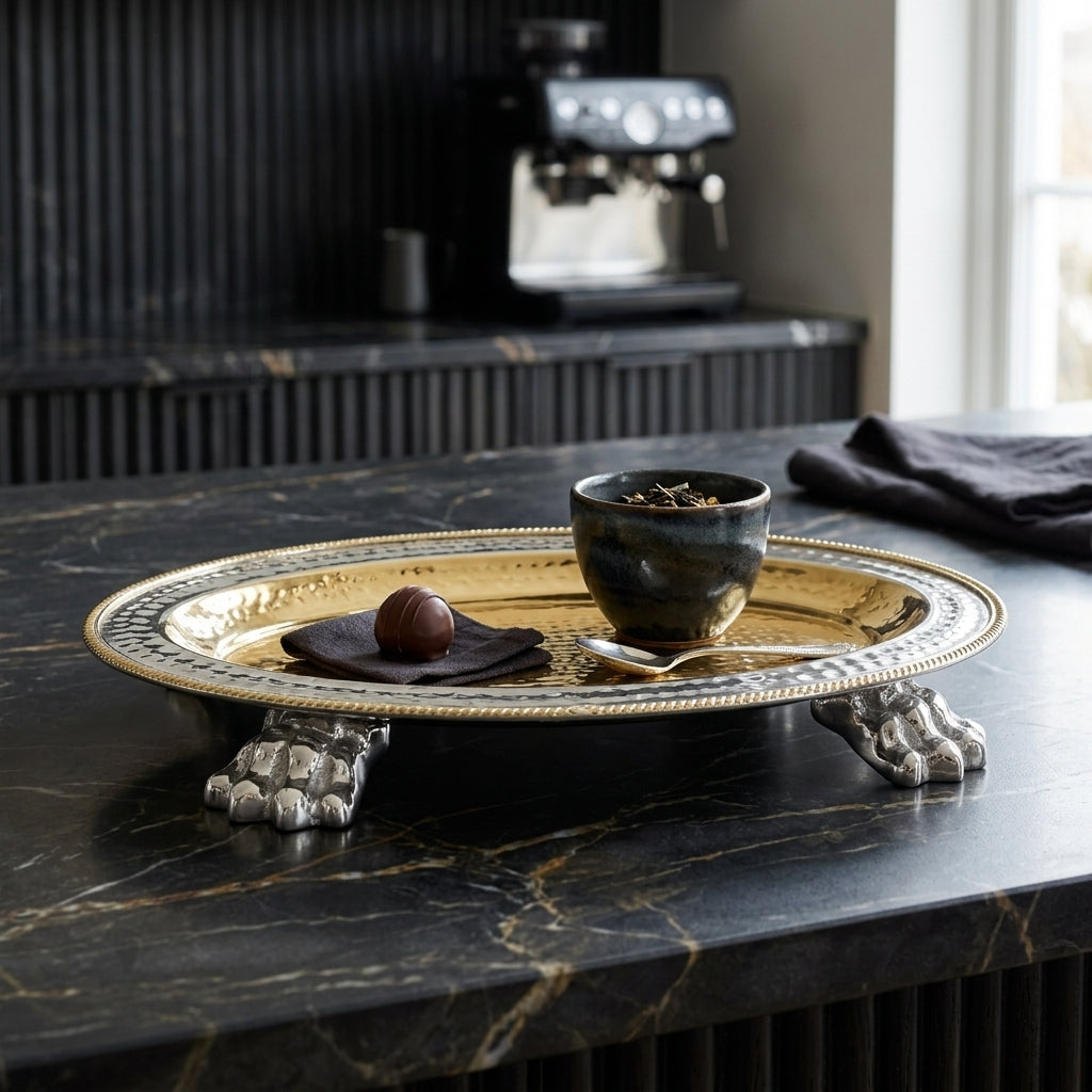Oval Hammered Claw Foot Serving Tray — Gold & Silver