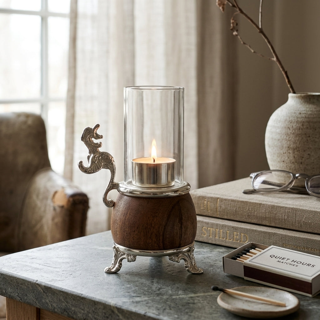 Dragon Hurricane Candle Holder — Mango Wood & Silver