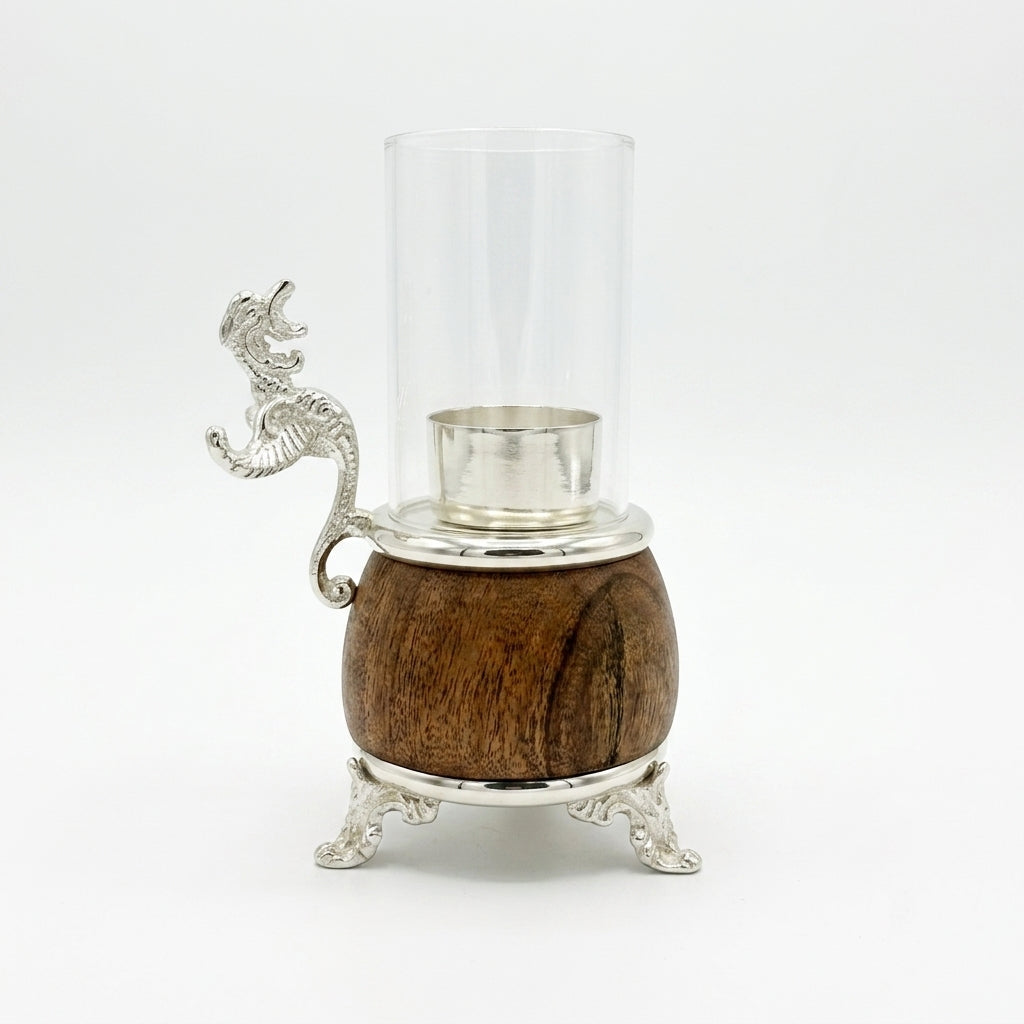 Dragon Hurricane Candle Holder — Mango Wood & Silver