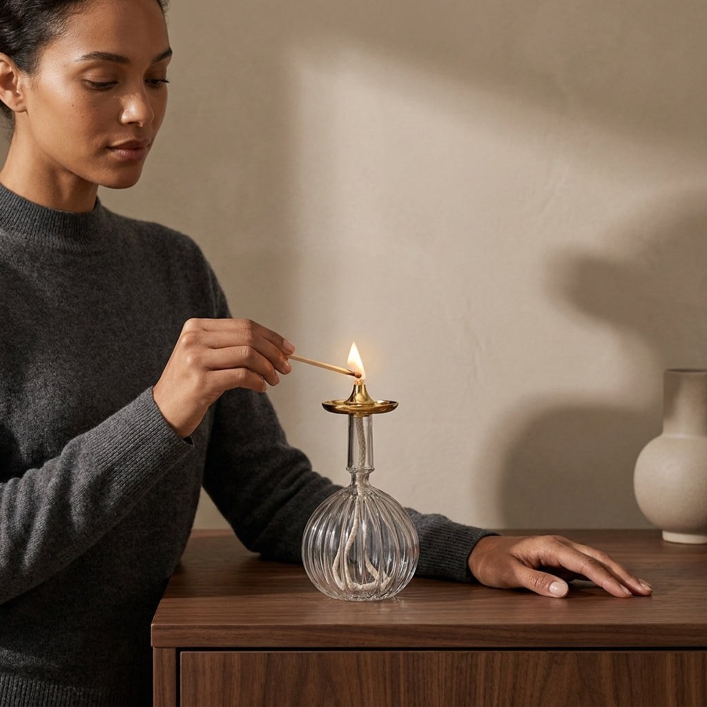 Ribbed Globe Glass Oil Lamp — Silver & Gold