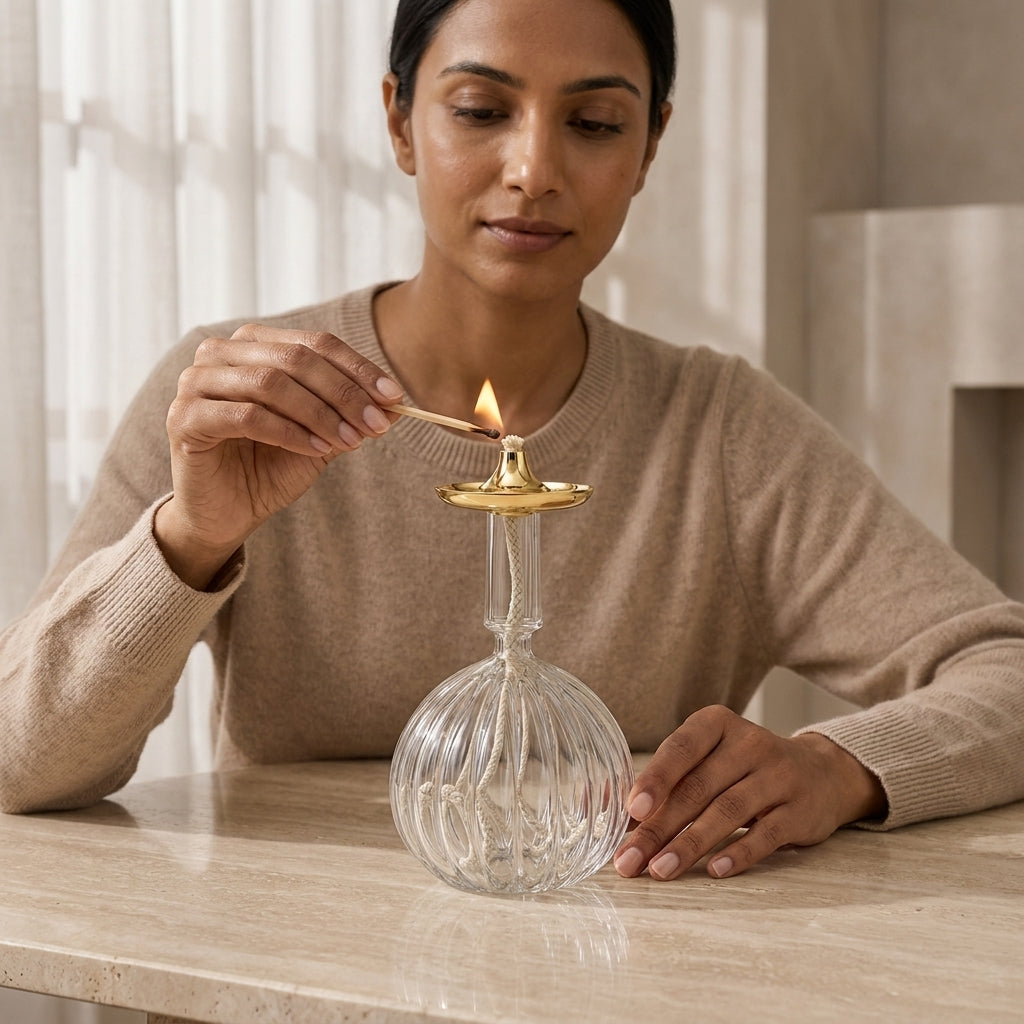 Ribbed Globe Glass Oil Lamp — Silver & Gold