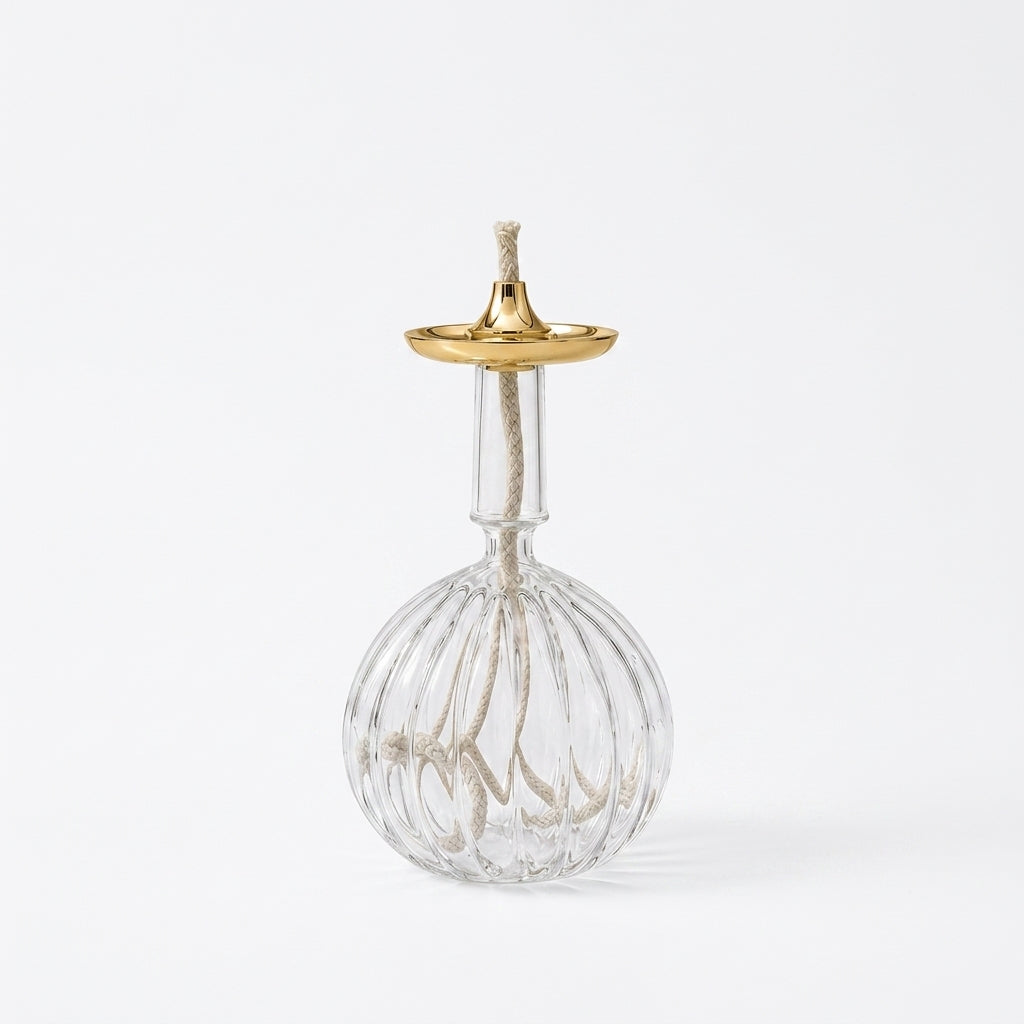 Ribbed Globe Glass Oil Lamp — Silver & Gold